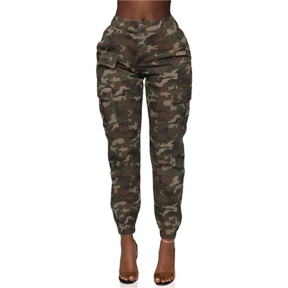 Double Denim Women's High Waist Jogger Pants - Casual Cargo Elastic Waistband Sw